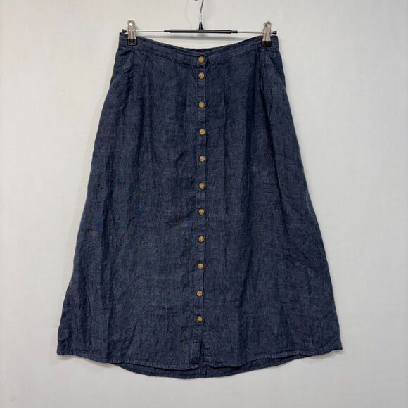Garnet Hill Women 100% Linen Button Front Midi Skirt Size 6 Blue C041 -24 - Picture 1 of 16